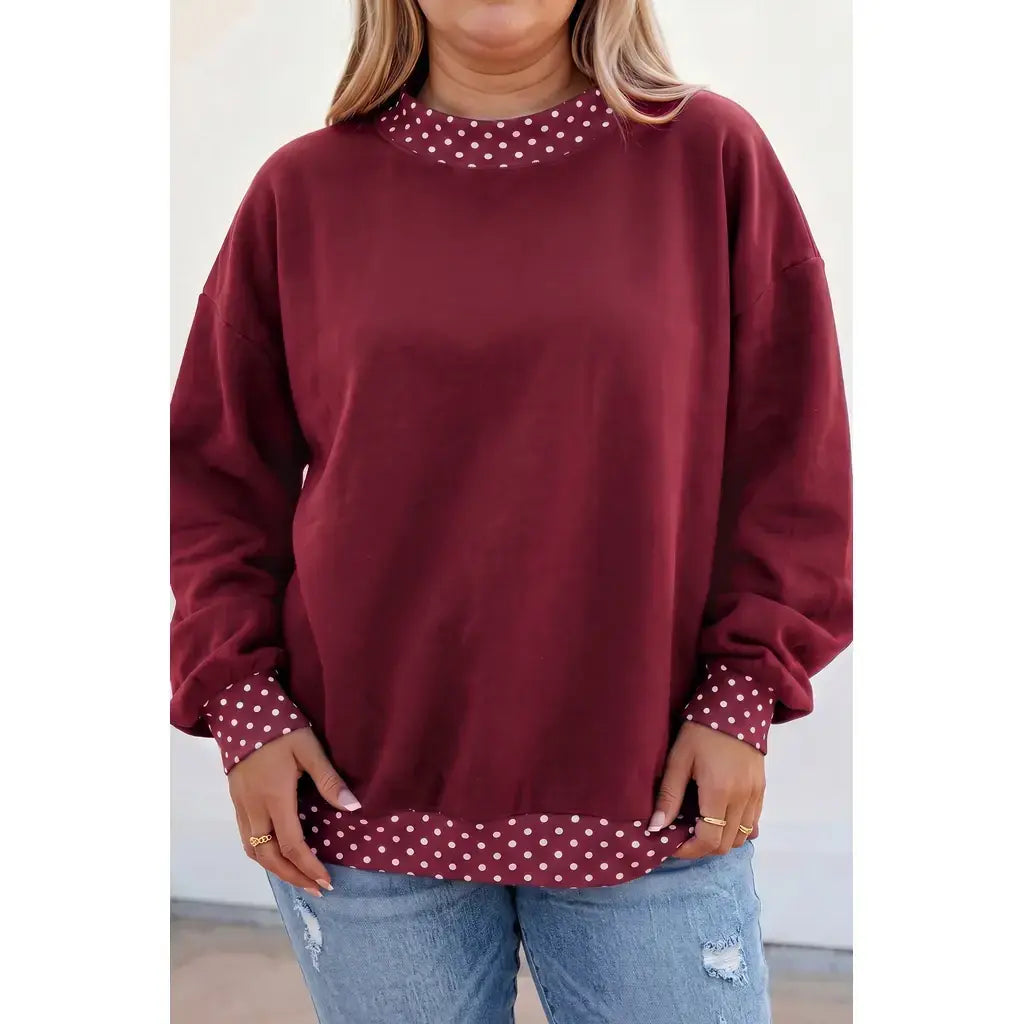 Burgundy Polka Dot Patchwork Round Neck Plus Size Sweatshirt
