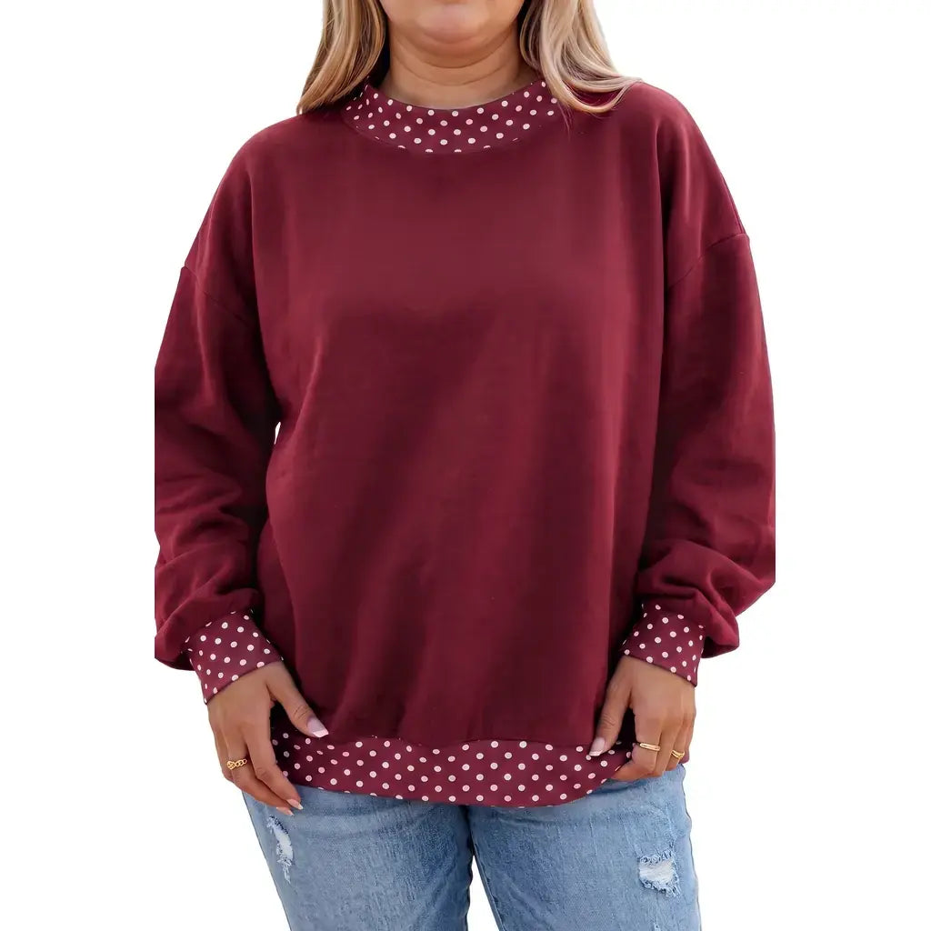 Burgundy Polka Dot Patchwork Round Neck Plus Size Sweatshirt