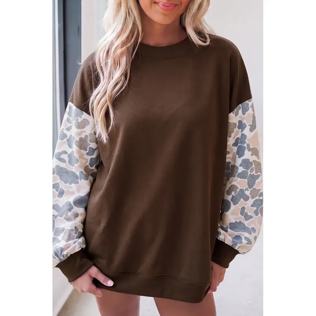 Coffee Camouflage Sleeve Crewneck Baggy Pullover Sweatshirt