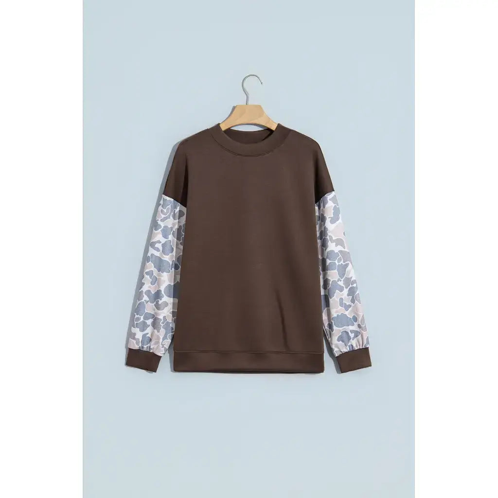 Coffee Camouflage Sleeve Crewneck Baggy Pullover Sweatshirt