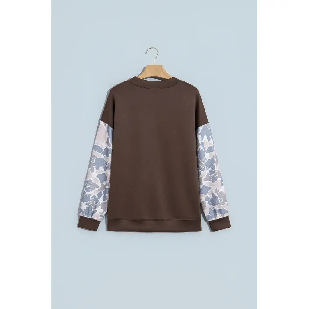 Coffee Camouflage Sleeve Crewneck Baggy Pullover Sweatshirt