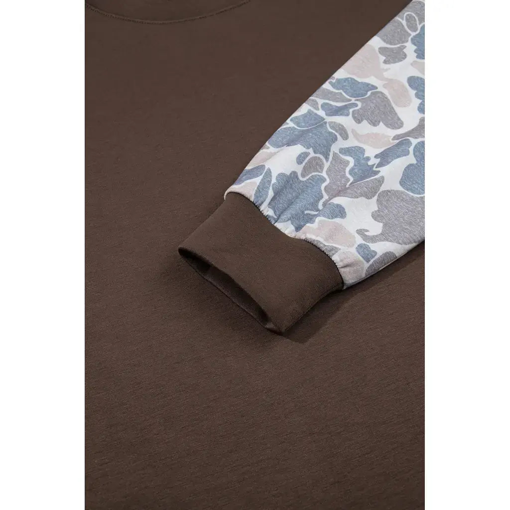 Coffee Camouflage Sleeve Crewneck Baggy Pullover Sweatshirt