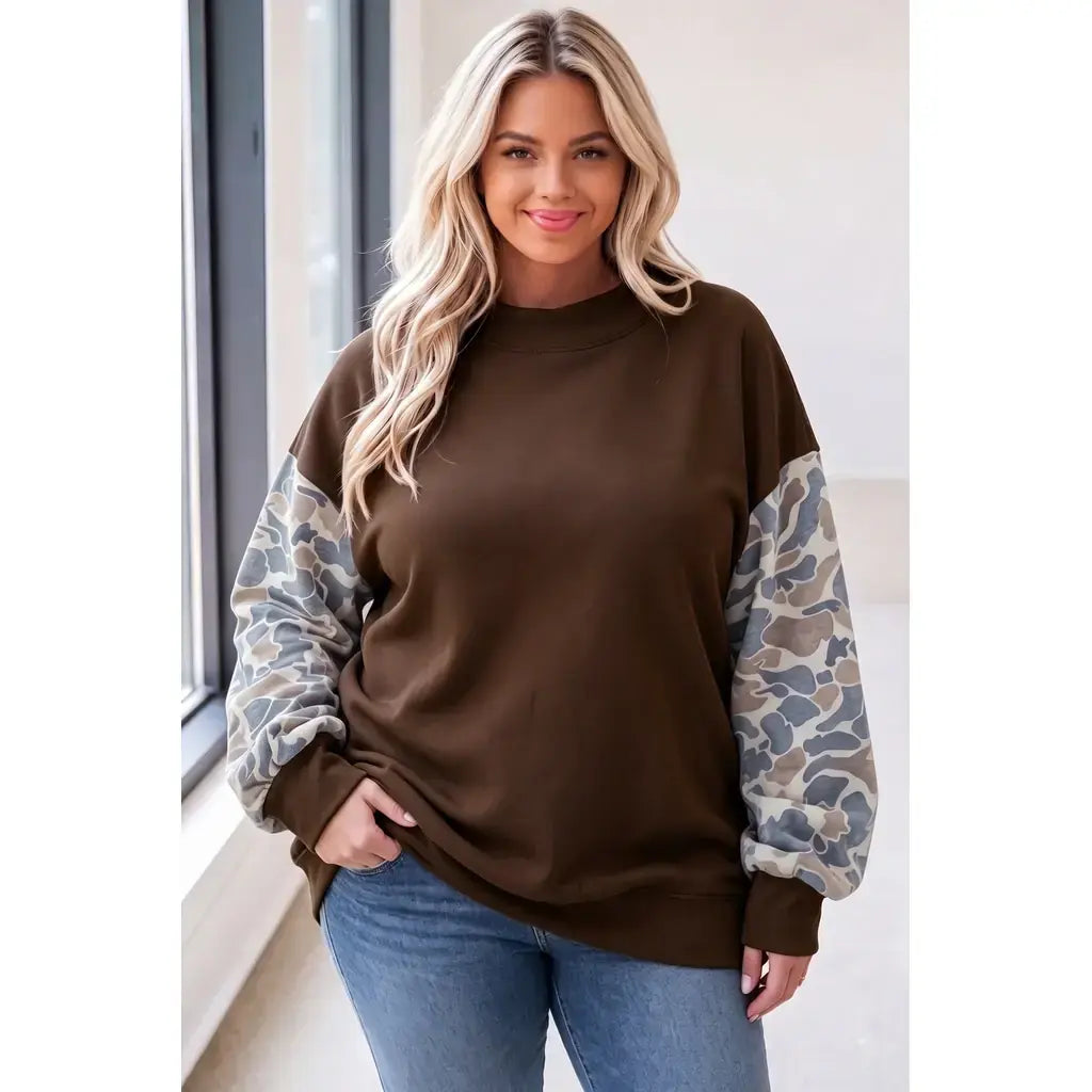 Coffee Mock Neck Camo Patchwork Drop Shoulder Plus Size Sweatshirt