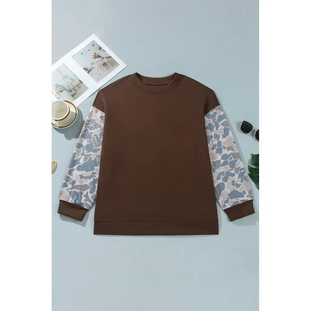 Coffee Mock Neck Camo Patchwork Drop Shoulder Plus Size Sweatshirt