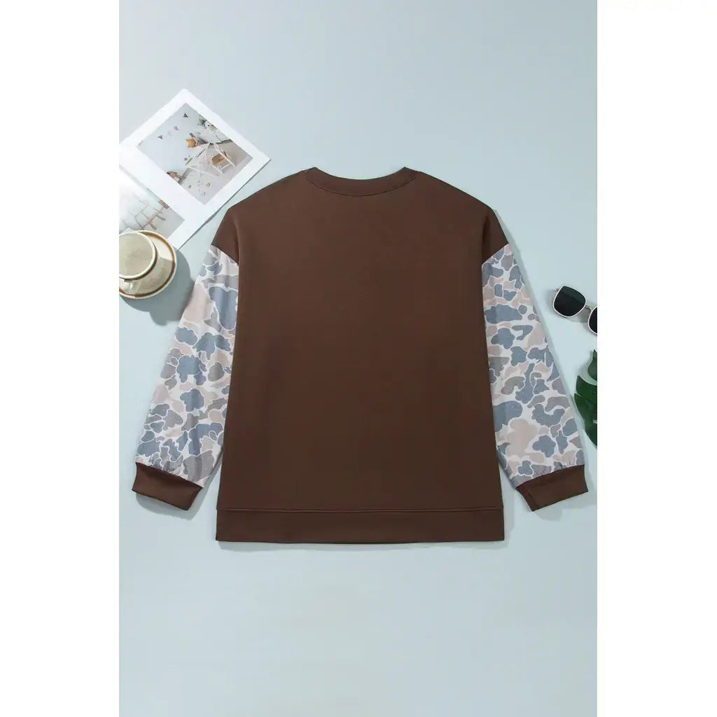 Coffee Mock Neck Camo Patchwork Drop Shoulder Plus Size Sweatshirt