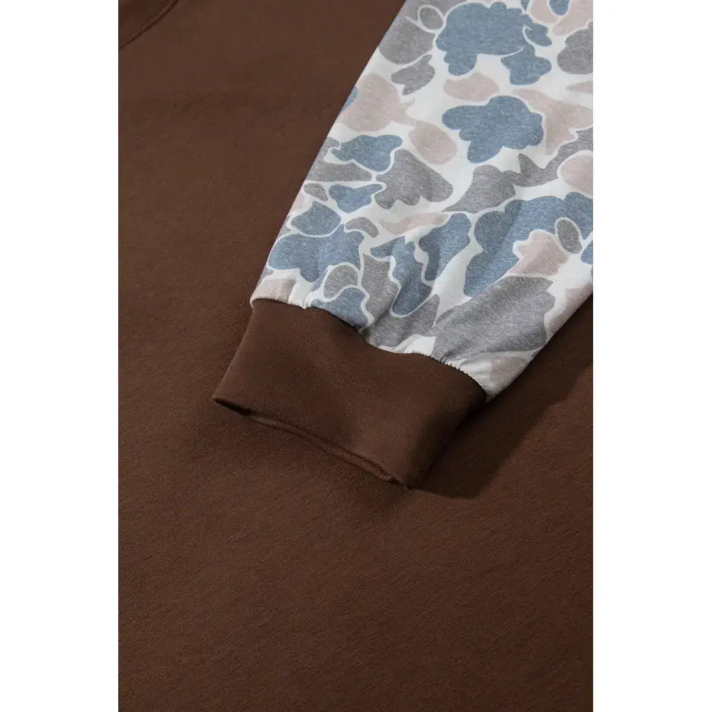 Coffee Mock Neck Camo Patchwork Drop Shoulder Plus Size Sweatshirt