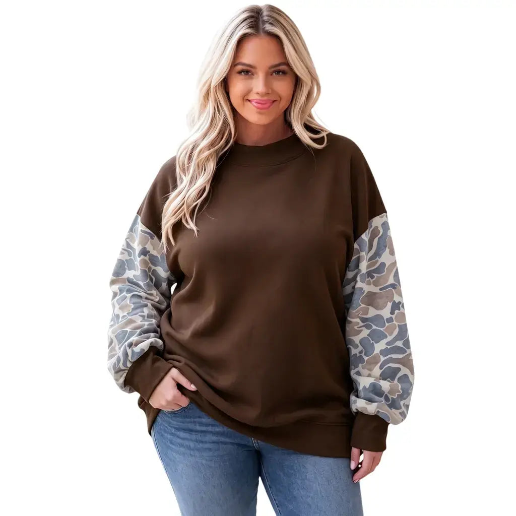 Coffee Mock Neck Camo Patchwork Drop Shoulder Plus Size Sweatshirt