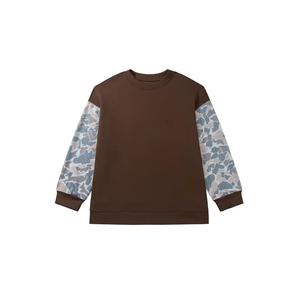 Coffee Mock Neck Camo Patchwork Drop Shoulder Plus Size Sweatshirt