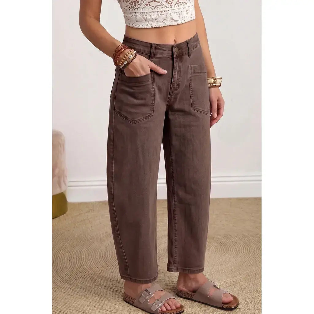 Coffee Solid Color Square Patch Pocket Ankle-length Barrel Jeans