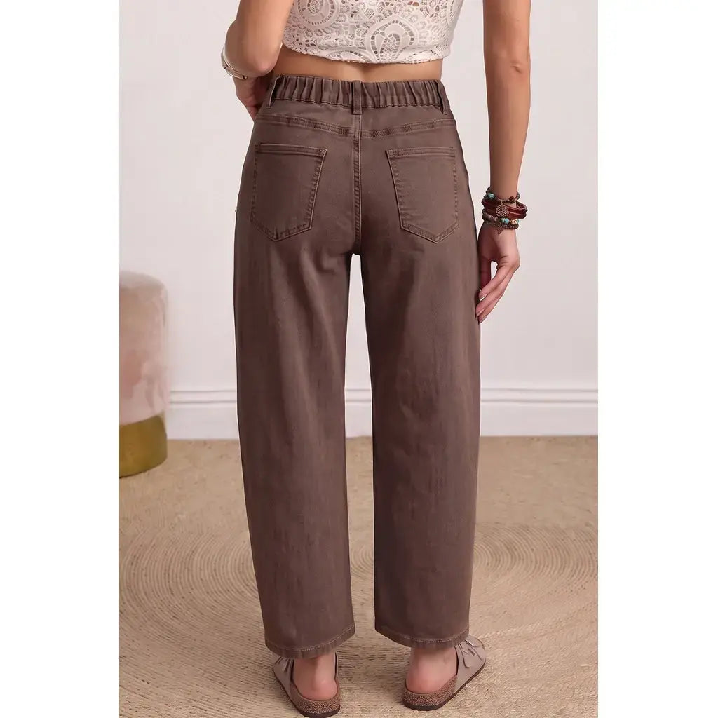 Coffee Solid Color Square Patch Pocket Ankle-length Barrel Jeans