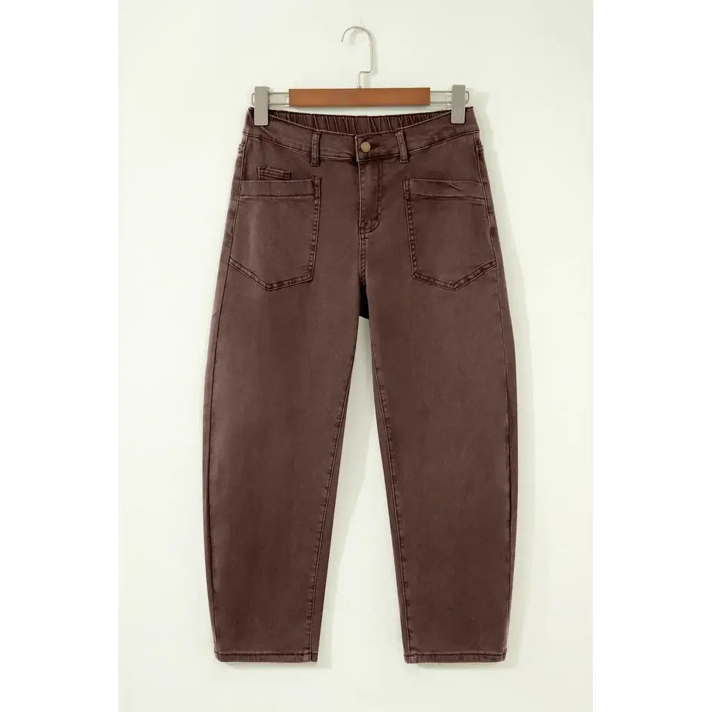 Coffee Solid Color Square Patch Pocket Ankle-length Barrel Jeans