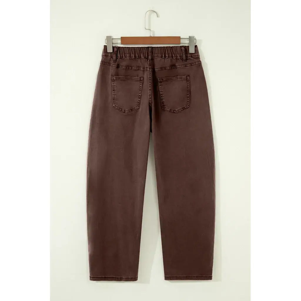 Coffee Solid Color Square Patch Pocket Ankle-length Barrel Jeans