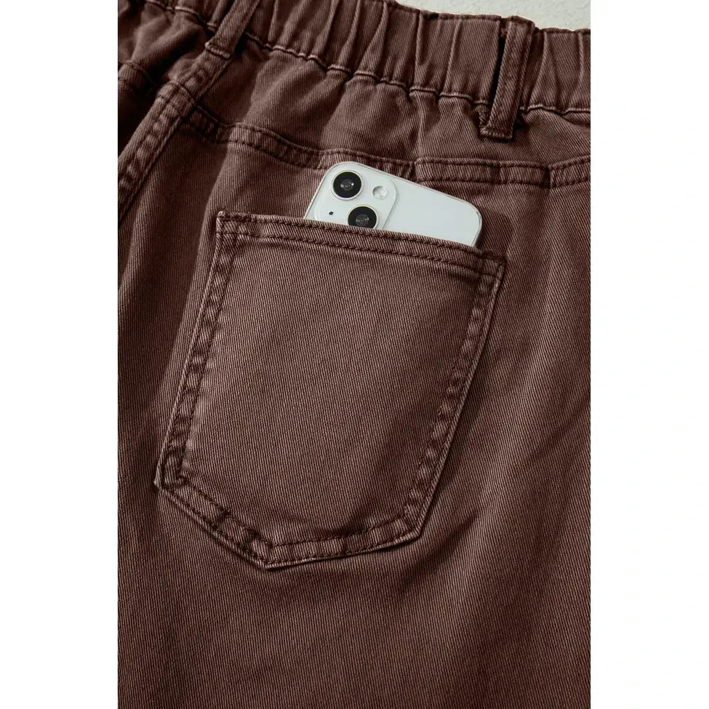 Coffee Solid Color Square Patch Pocket Ankle-length Barrel Jeans