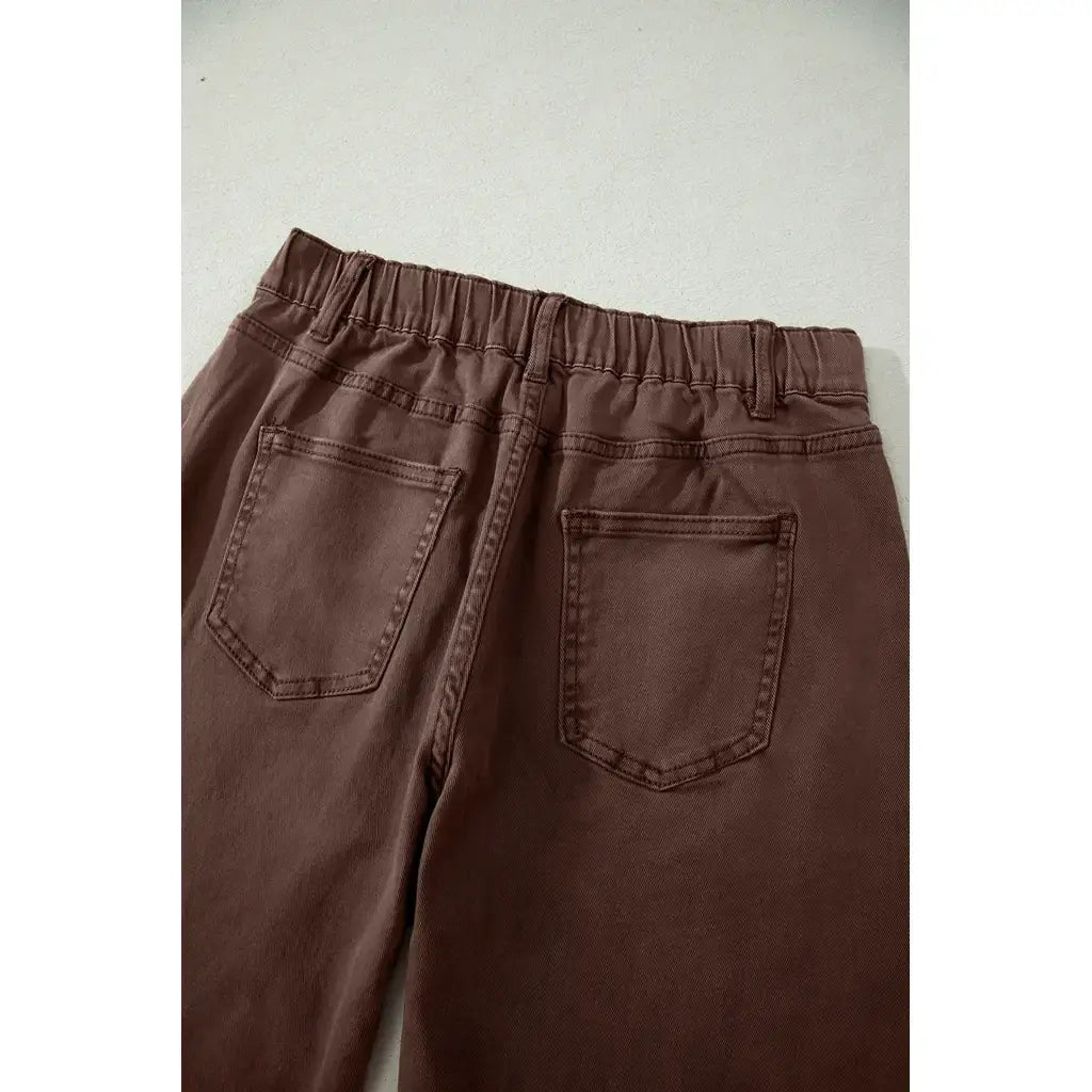 Coffee Solid Color Square Patch Pocket Ankle-length Barrel Jeans