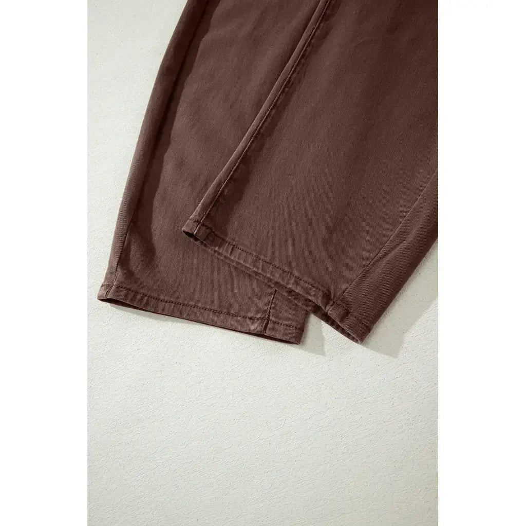 Coffee Solid Color Square Patch Pocket Ankle-length Barrel Jeans