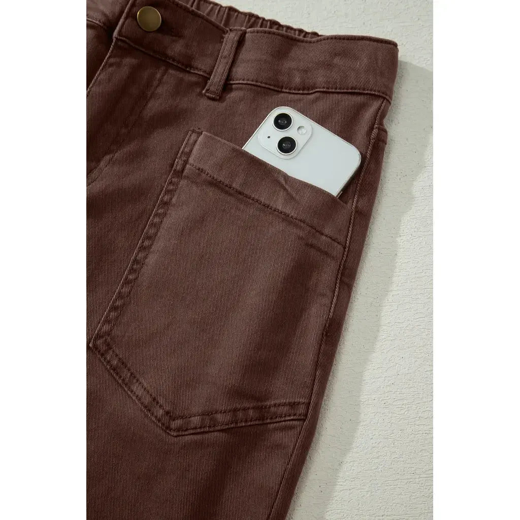 Coffee Solid Color Square Patch Pocket Ankle-length Barrel Jeans