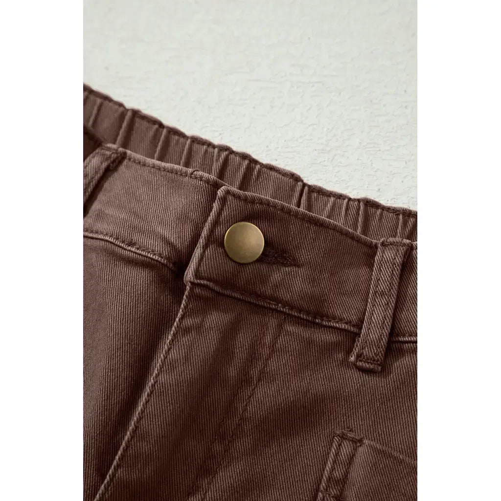 Coffee Solid Color Square Patch Pocket Ankle-length Barrel Jeans