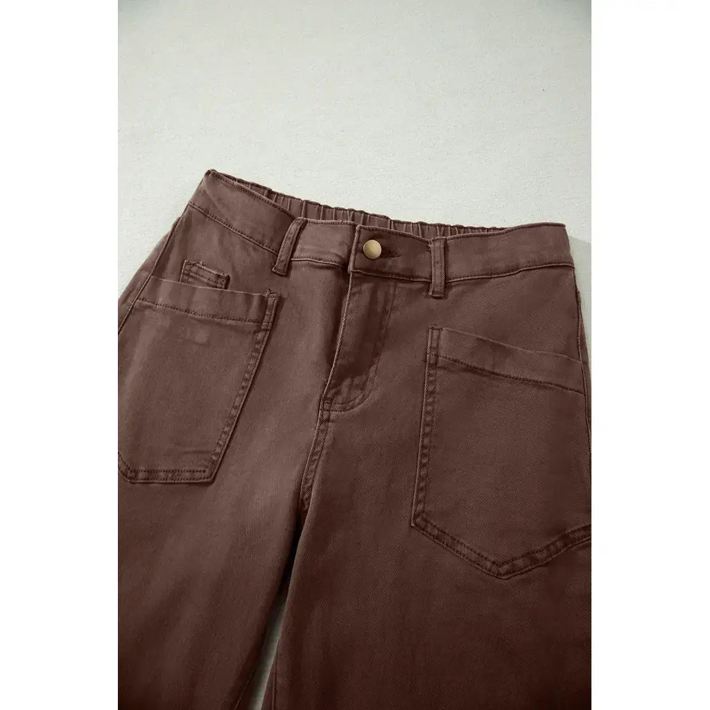 Coffee Solid Color Square Patch Pocket Ankle-length Barrel Jeans