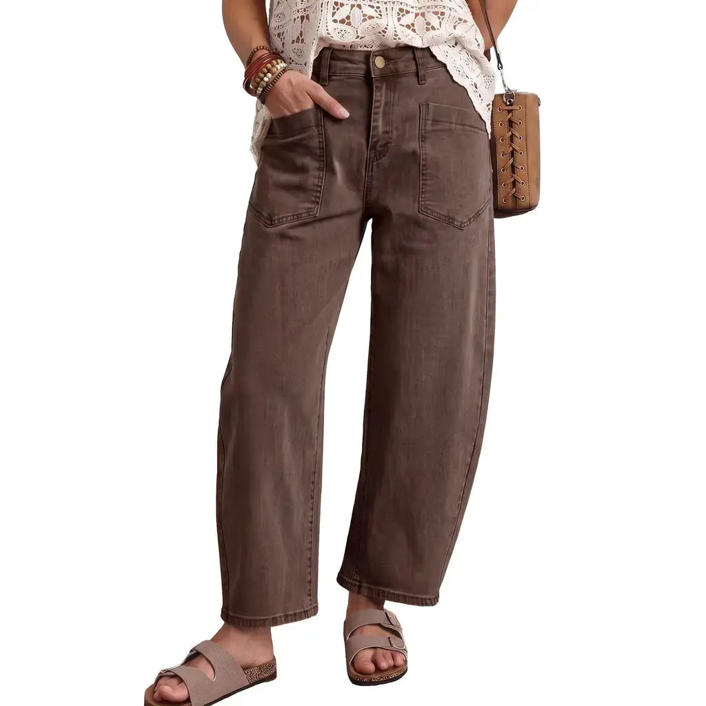 Coffee Solid Color Square Patch Pocket Ankle-length Barrel Jeans