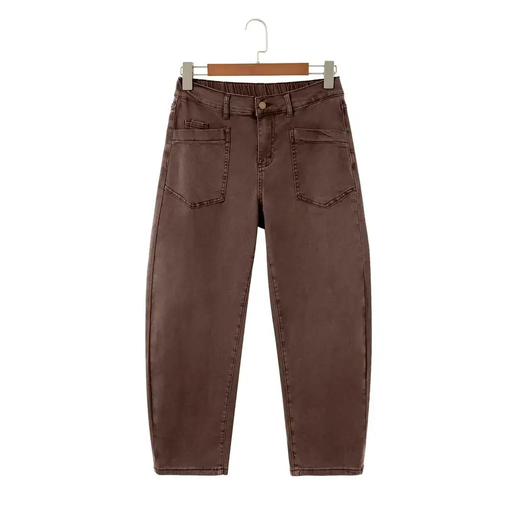 Coffee Solid Color Square Patch Pocket Ankle-length Barrel Jeans