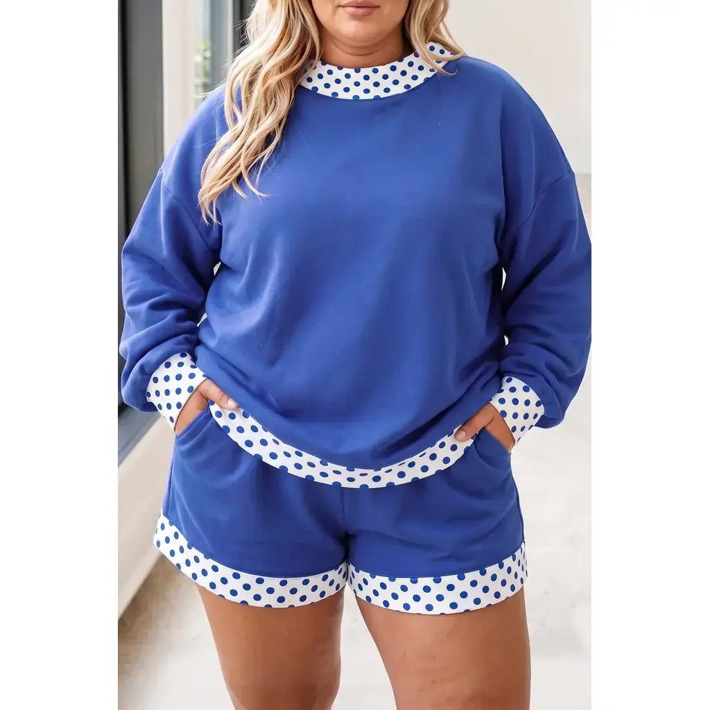 Dark Blue Polka Dot Patchwork Long Sleeve Plus Size Two-piece Outfits