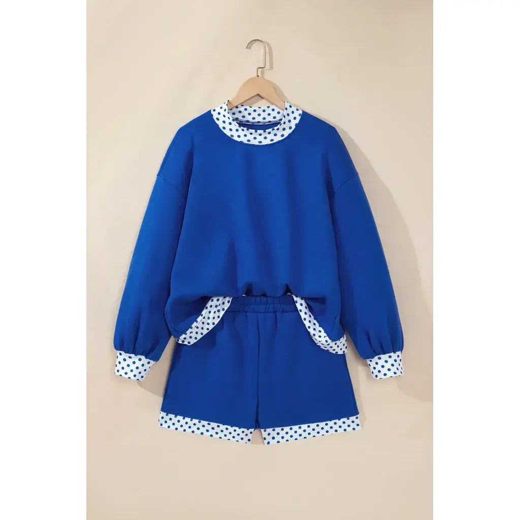Dark Blue Polka Dot Trim Baggy Pullover 2pcs Short Set