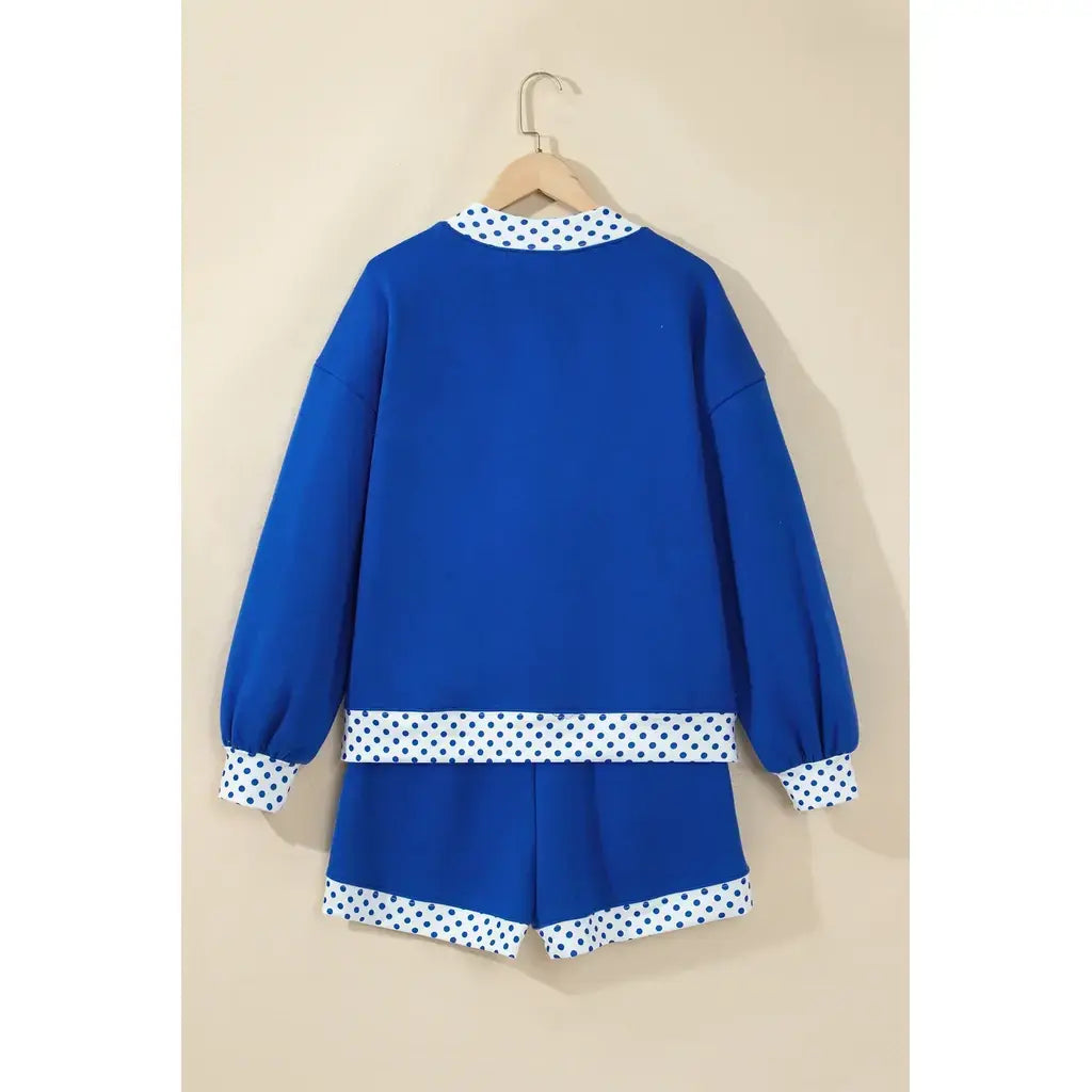 Dark Blue Polka Dot Trim Baggy Pullover 2pcs Short Set