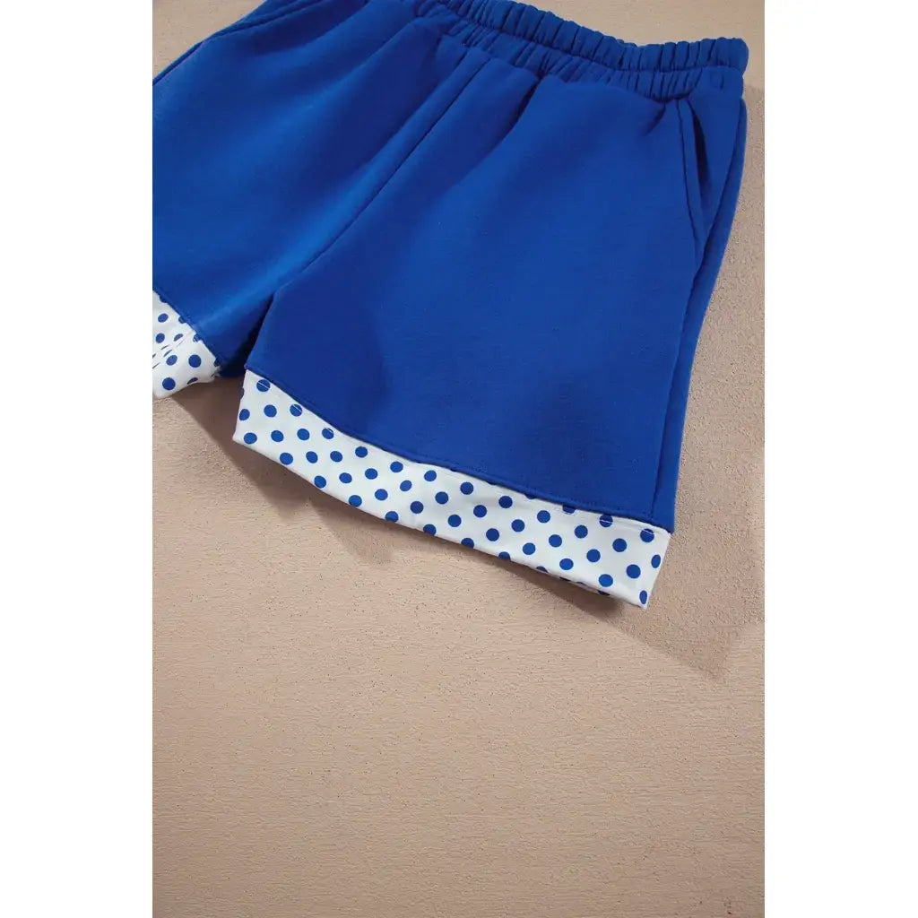 Dark Blue Polka Dot Trim Baggy Pullover 2pcs Short Set