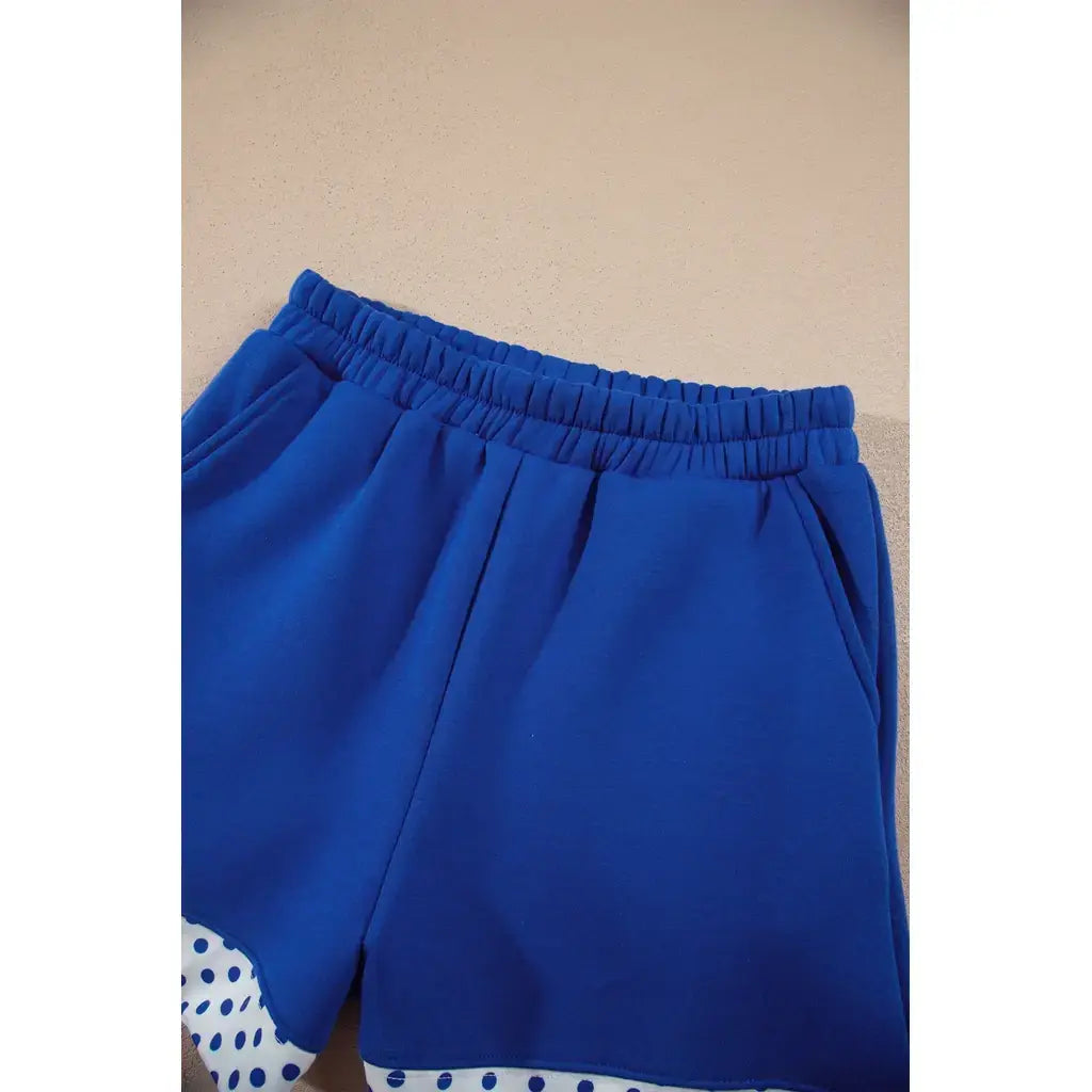 Dark Blue Polka Dot Trim Baggy Pullover 2pcs Short Set