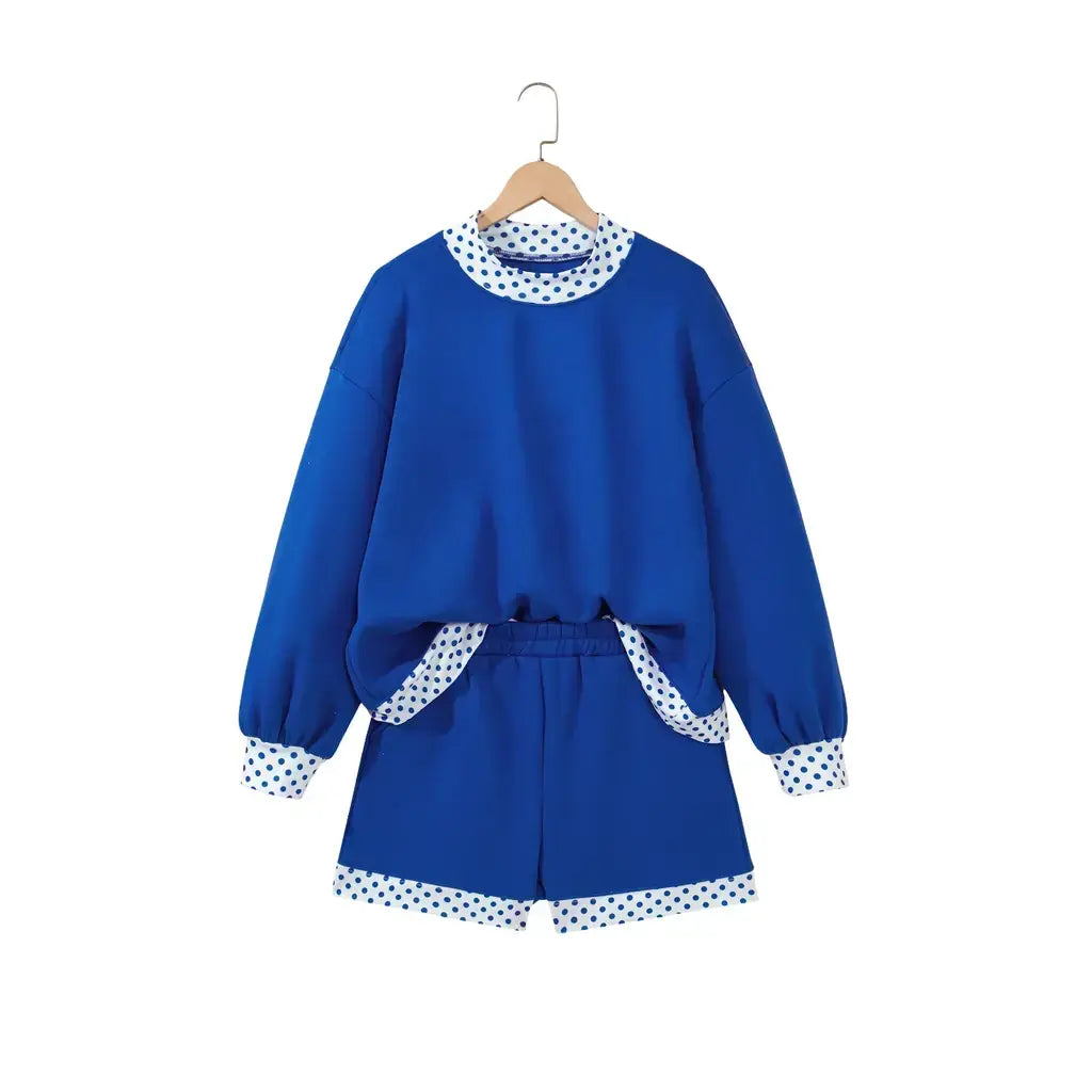 Dark Blue Polka Dot Trim Baggy Pullover 2pcs Short Set