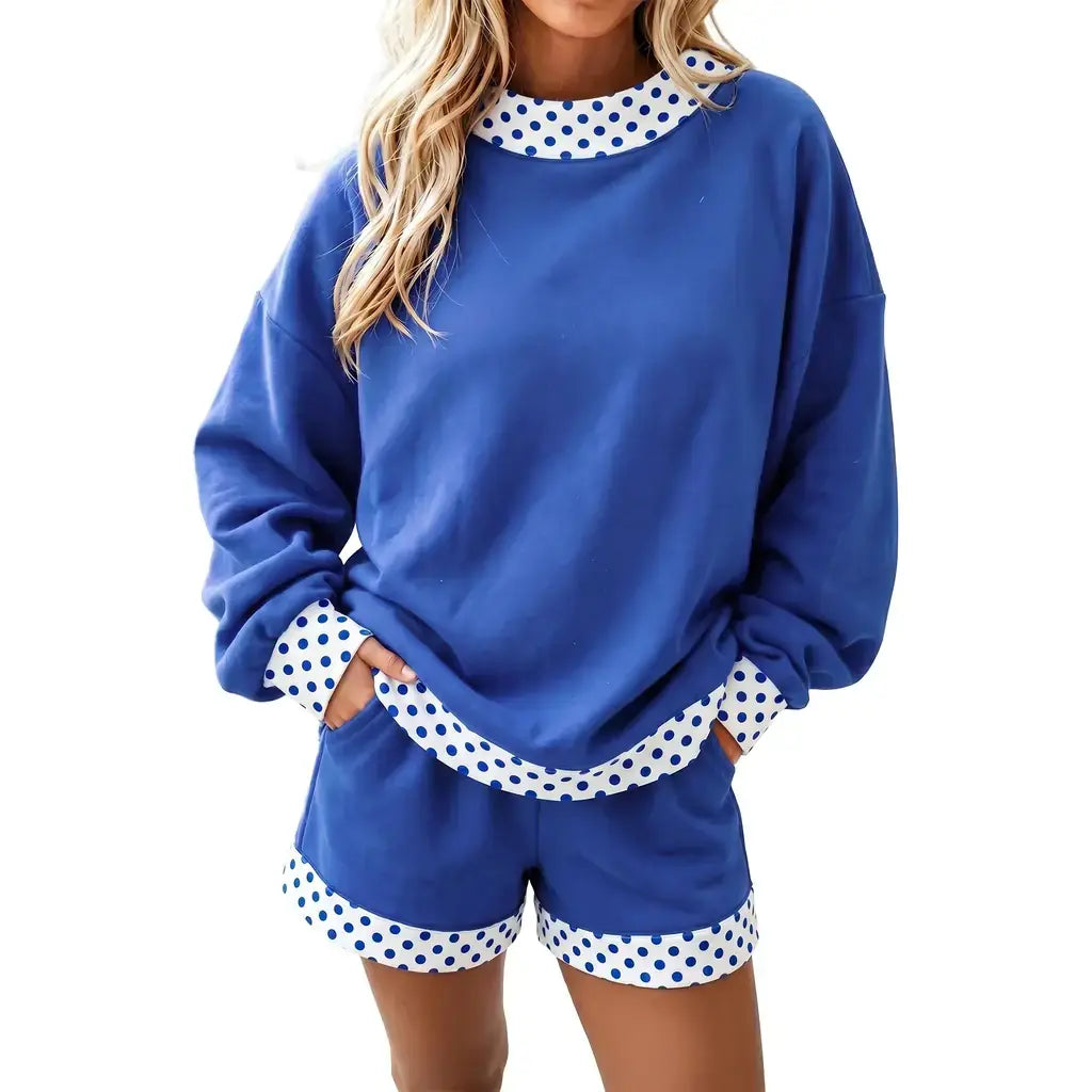 Dark Blue Polka Dot Trim Baggy Pullover 2pcs Short Set