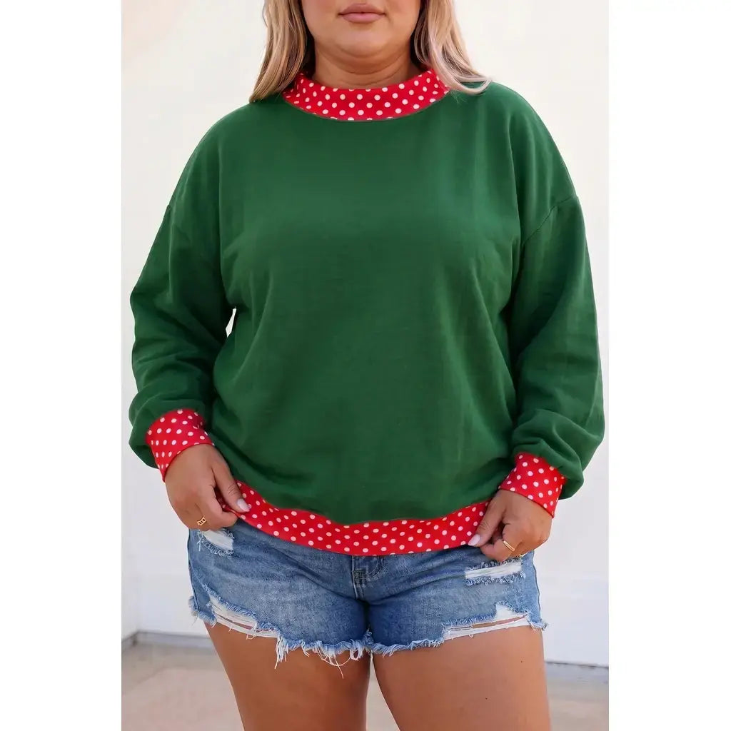 Dark Green Polka Dot Patchwork Round Neck Plus Size Sweatshirt