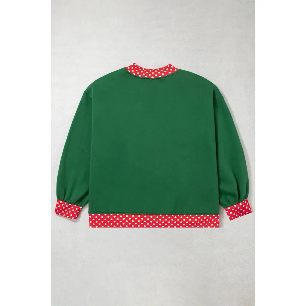 Dark Green Polka Dot Patchwork Round Neck Plus Size Sweatshirt