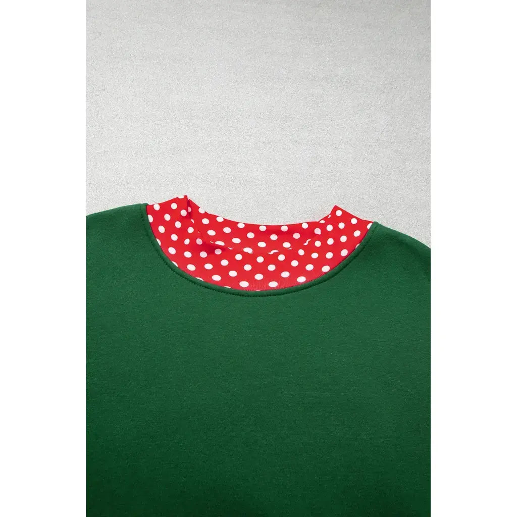 Dark Green Polka Dot Patchwork Round Neck Plus Size Sweatshirt