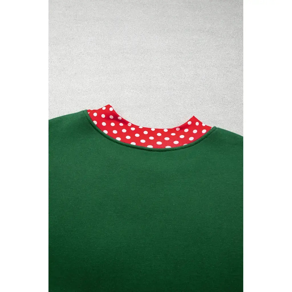 Dark Green Polka Dot Patchwork Round Neck Plus Size Sweatshirt