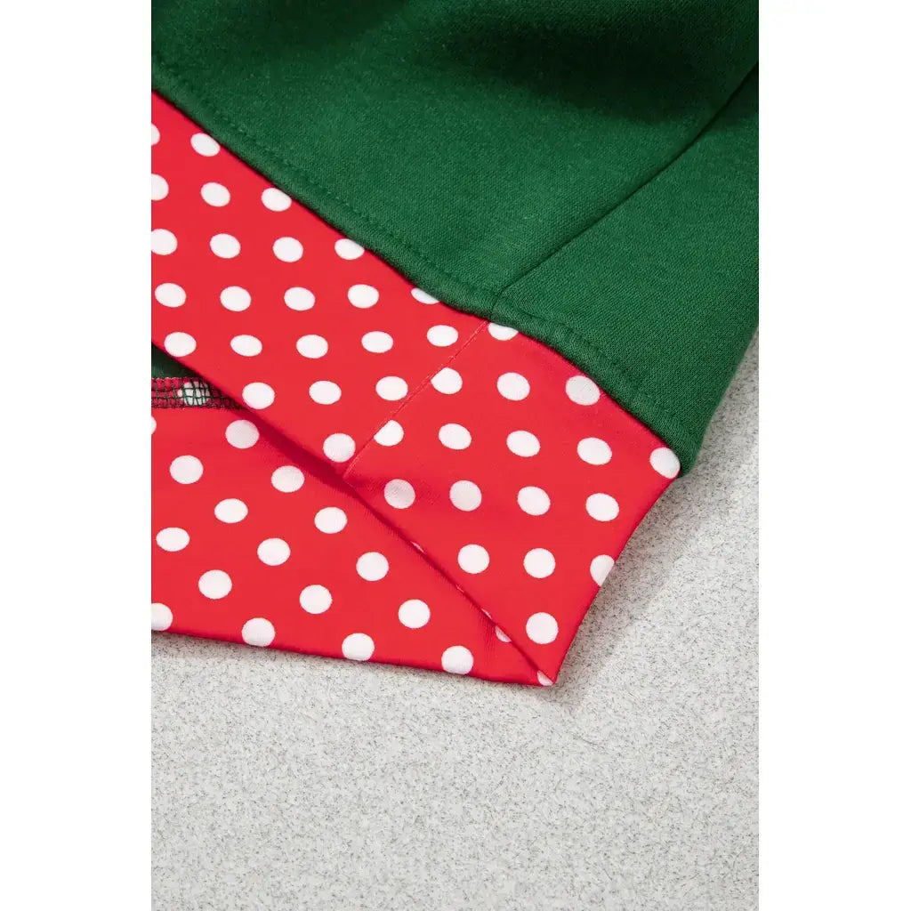 Dark Green Polka Dot Patchwork Round Neck Plus Size Sweatshirt