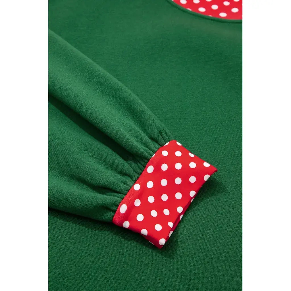 Dark Green Polka Dot Patchwork Round Neck Plus Size Sweatshirt