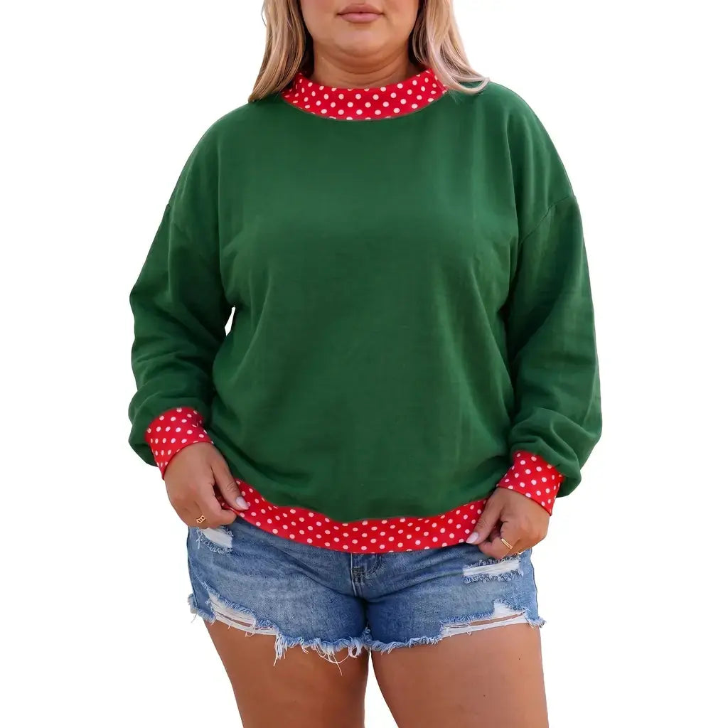 Dark Green Polka Dot Patchwork Round Neck Plus Size Sweatshirt