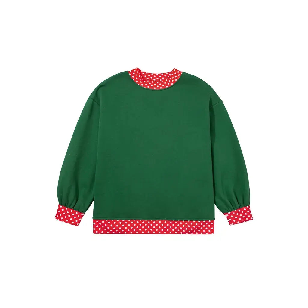 Dark Green Polka Dot Patchwork Round Neck Plus Size Sweatshirt