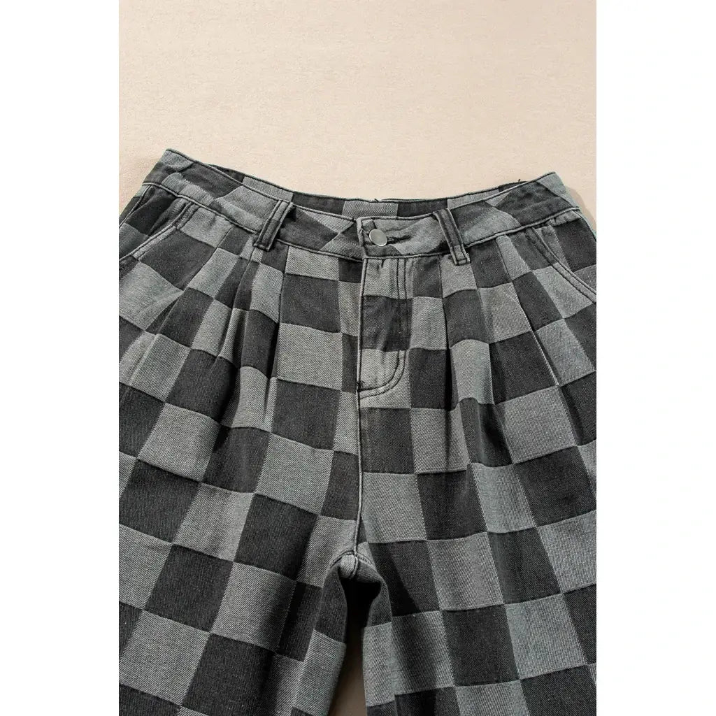Dark Grey Checkered Denim Wide Leg Jeans