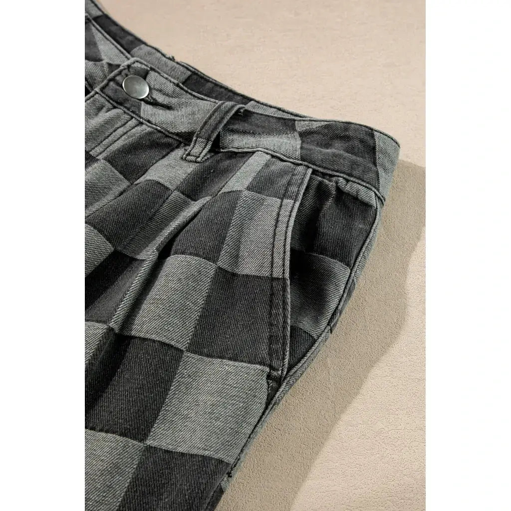 Dark Grey Checkered Denim Wide Leg Jeans