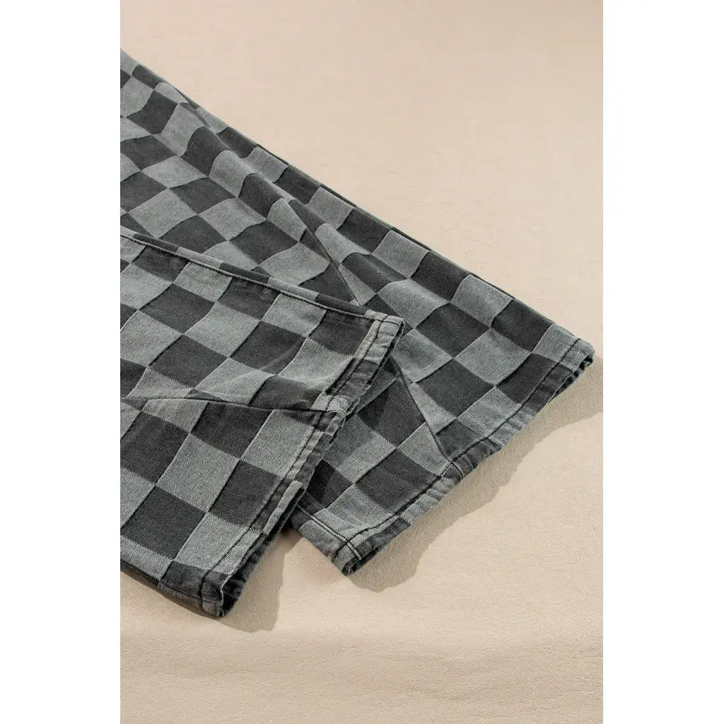 Dark Grey Checkered Denim Wide Leg Jeans