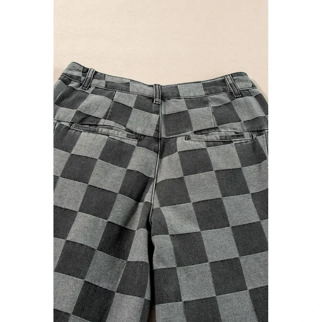 Dark Grey Checkered Denim Wide Leg Jeans