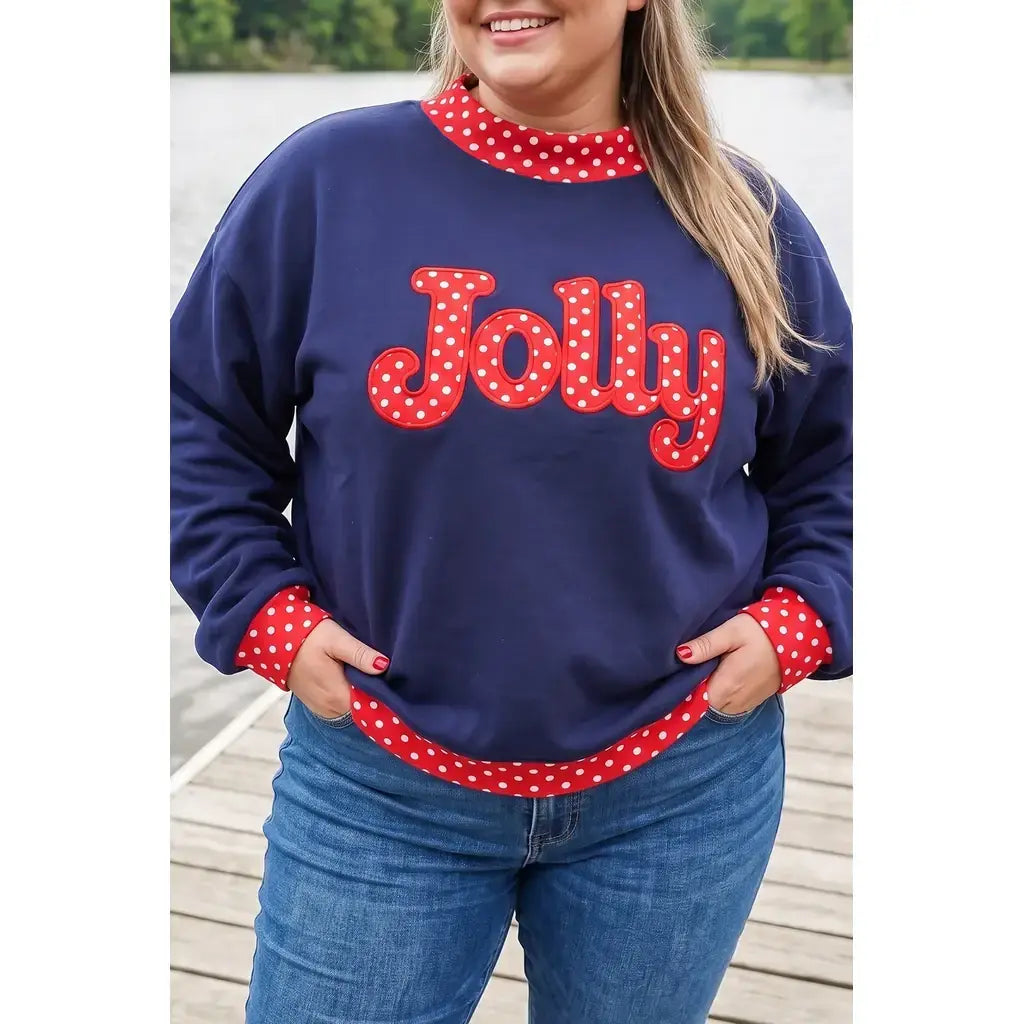 Dirty blue Casual Polka Dot Patchwork Letter Graphic Plus Size Sweatshirt