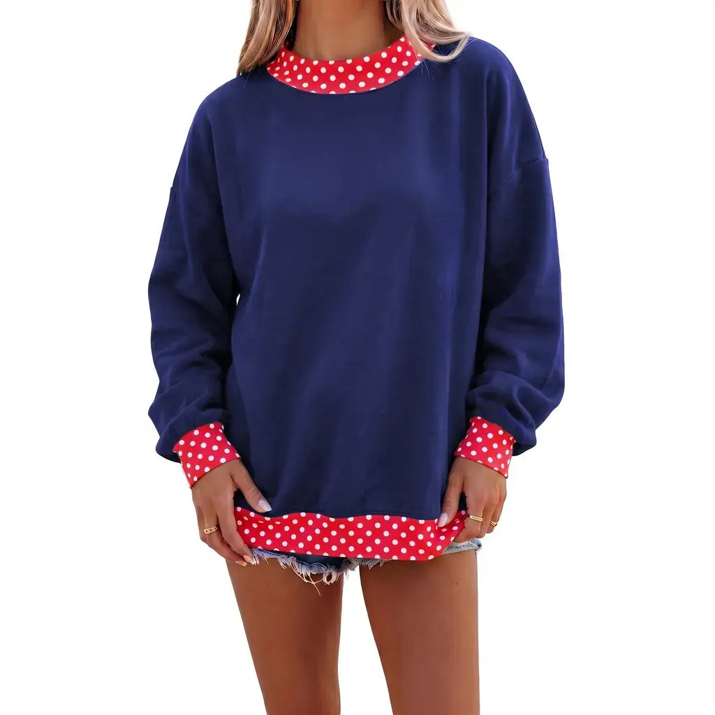 Dirty blue Colorblock Polka Dot Contrast Trim Oversized Sweatshirt