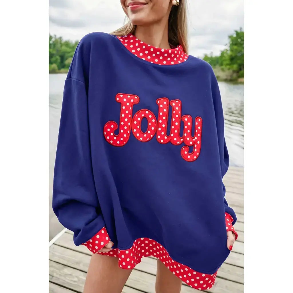 Dirty blue Polka Dot Letter Print Contrast Trim Mock Neck Sweatshirt