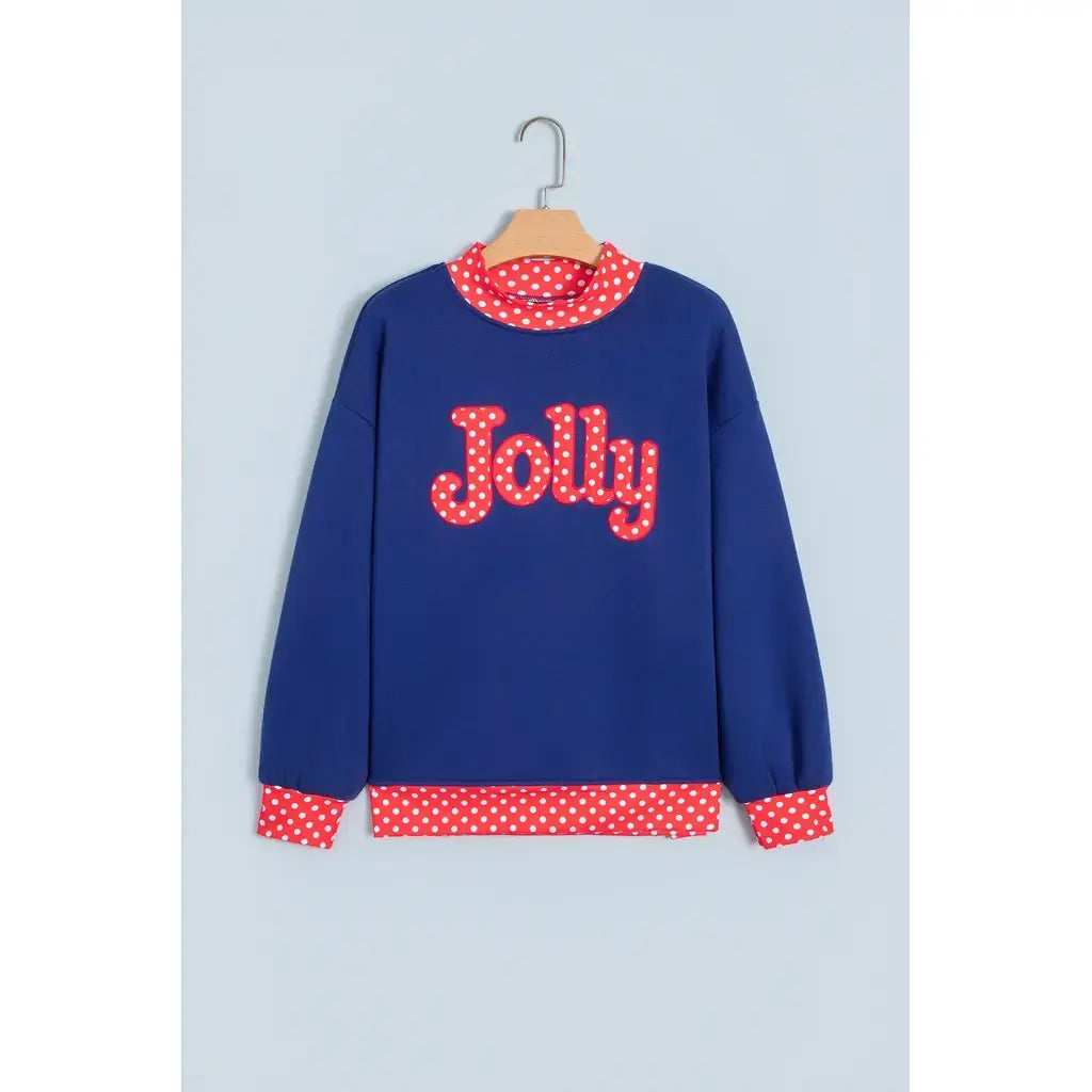 Dirty blue Polka Dot Letter Print Contrast Trim Mock Neck Sweatshirt
