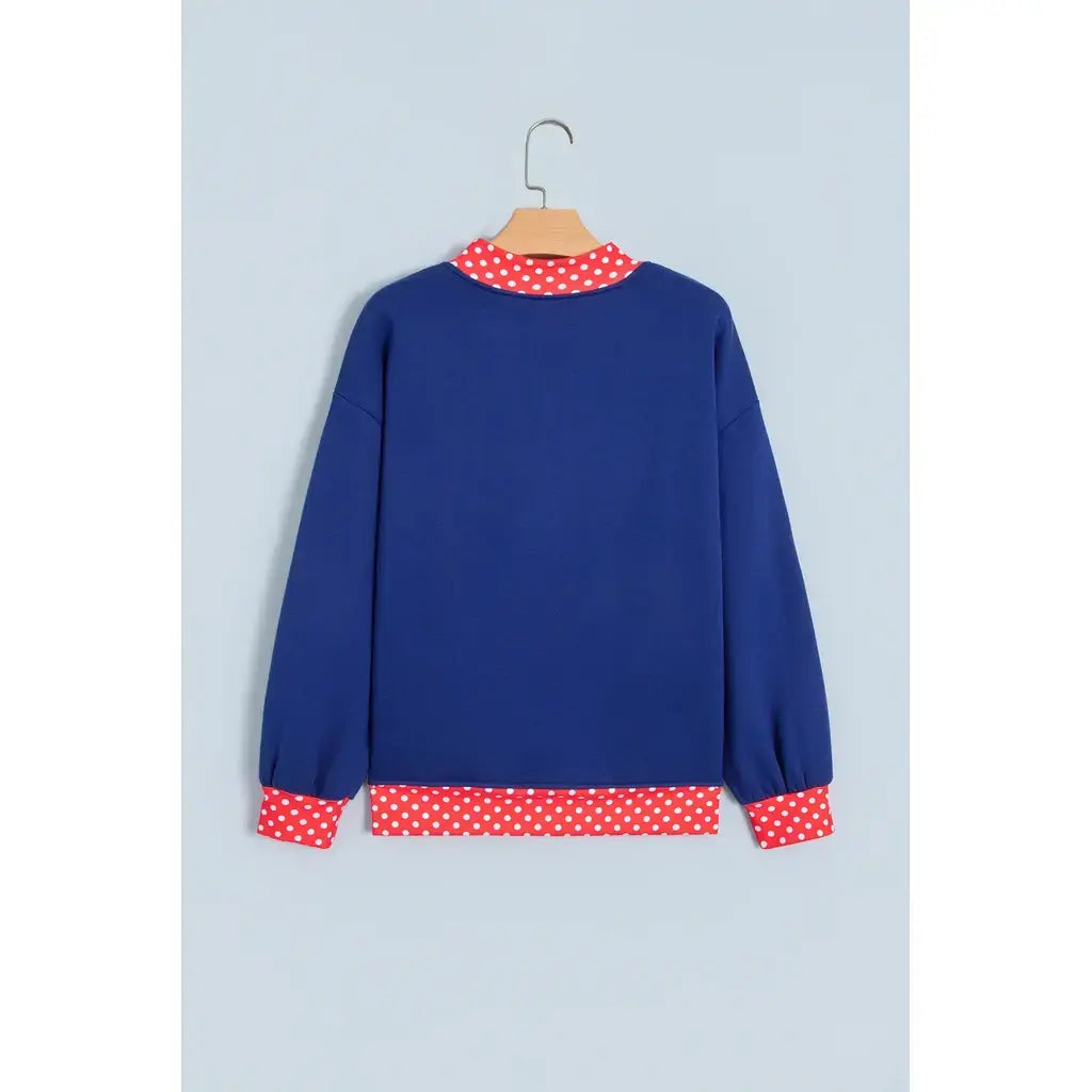 Dirty blue Polka Dot Letter Print Contrast Trim Mock Neck Sweatshirt