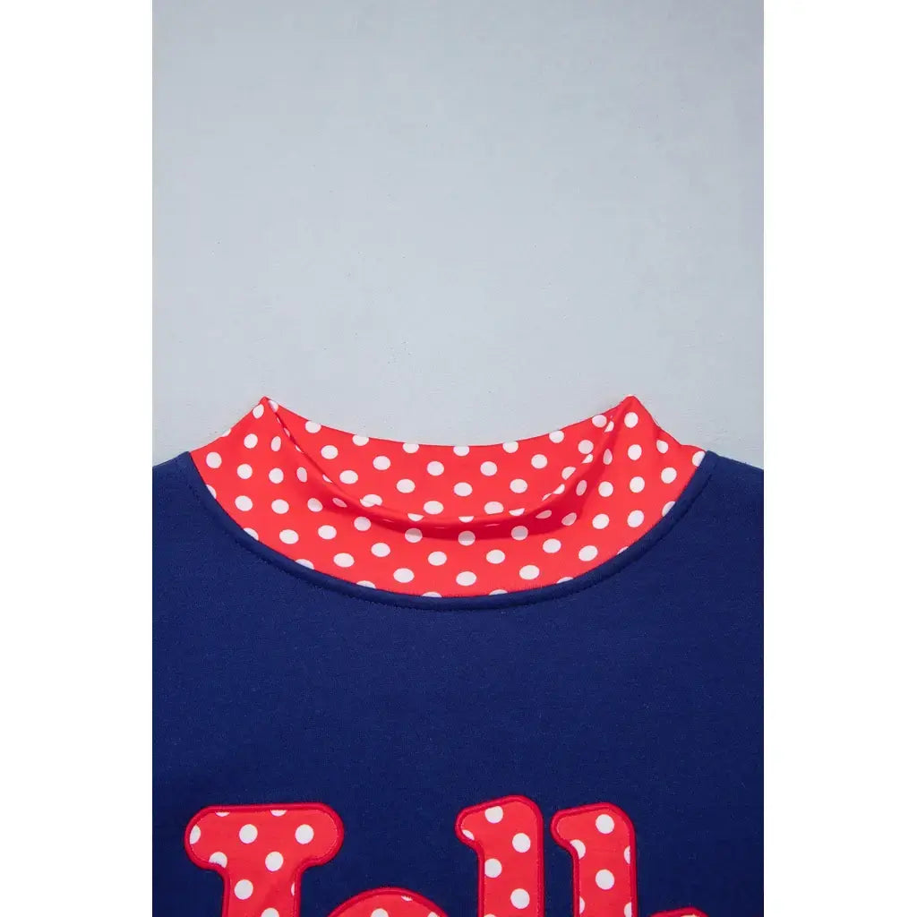 Dirty blue Polka Dot Letter Print Contrast Trim Mock Neck Sweatshirt