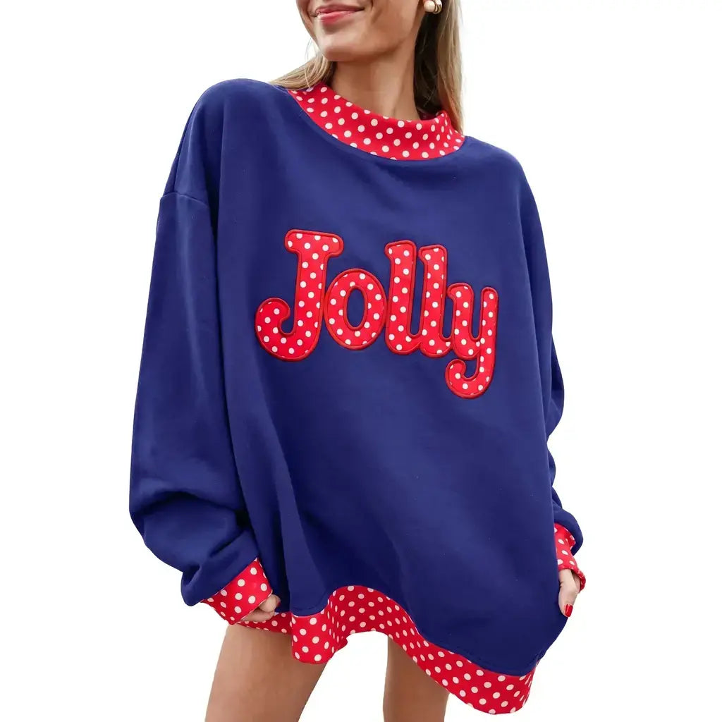 Dirty blue Polka Dot Letter Print Contrast Trim Mock Neck Sweatshirt